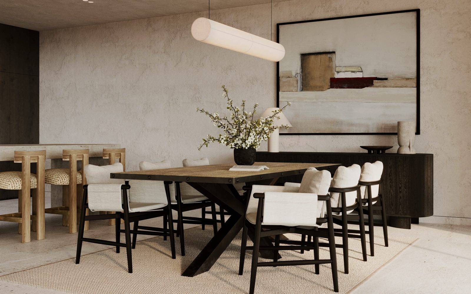 BARSTONE reclaimed oak dining table in a contemporary dining interior