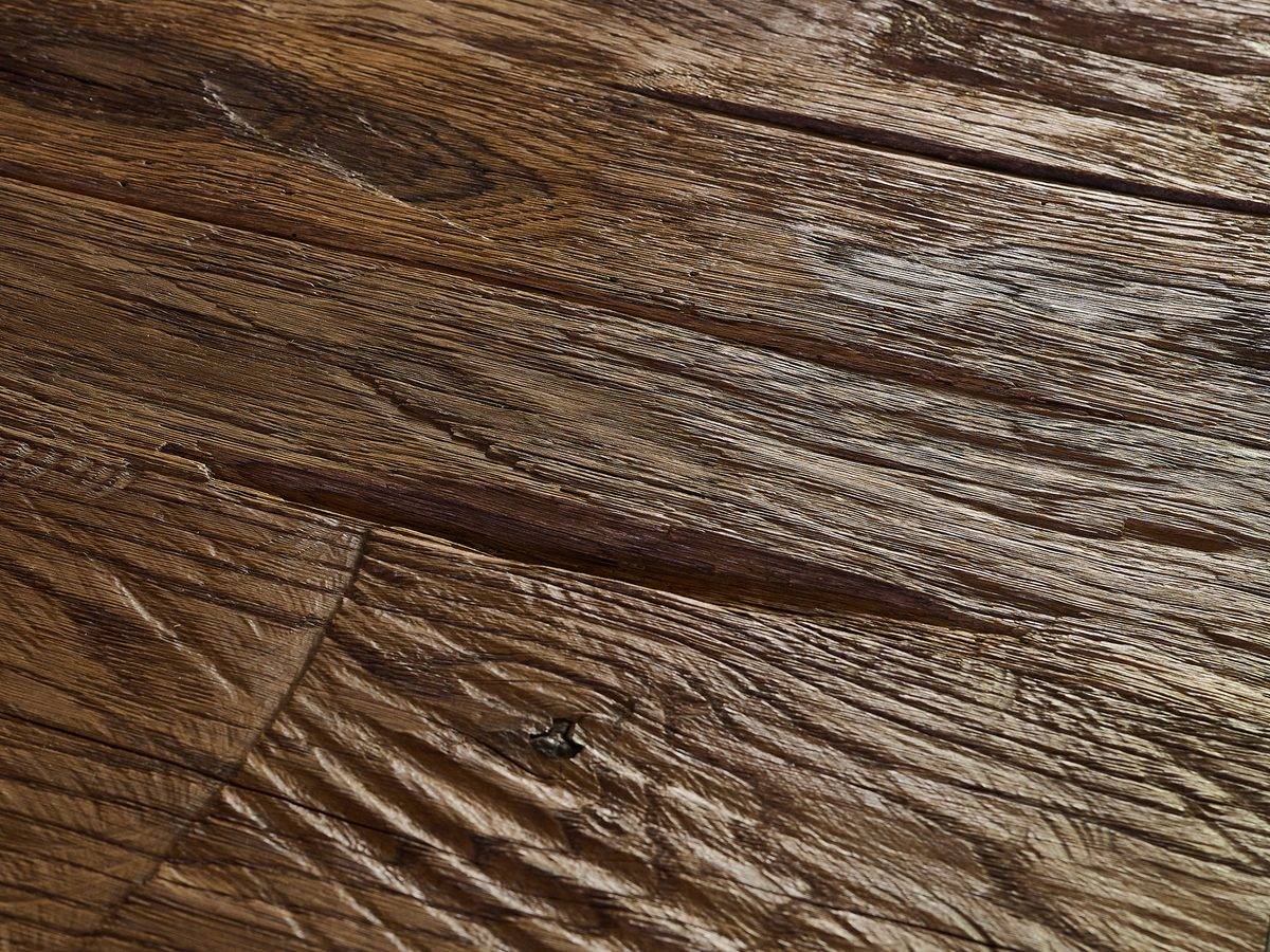 Hewn-effect reclaimed barn oak tabletop texture