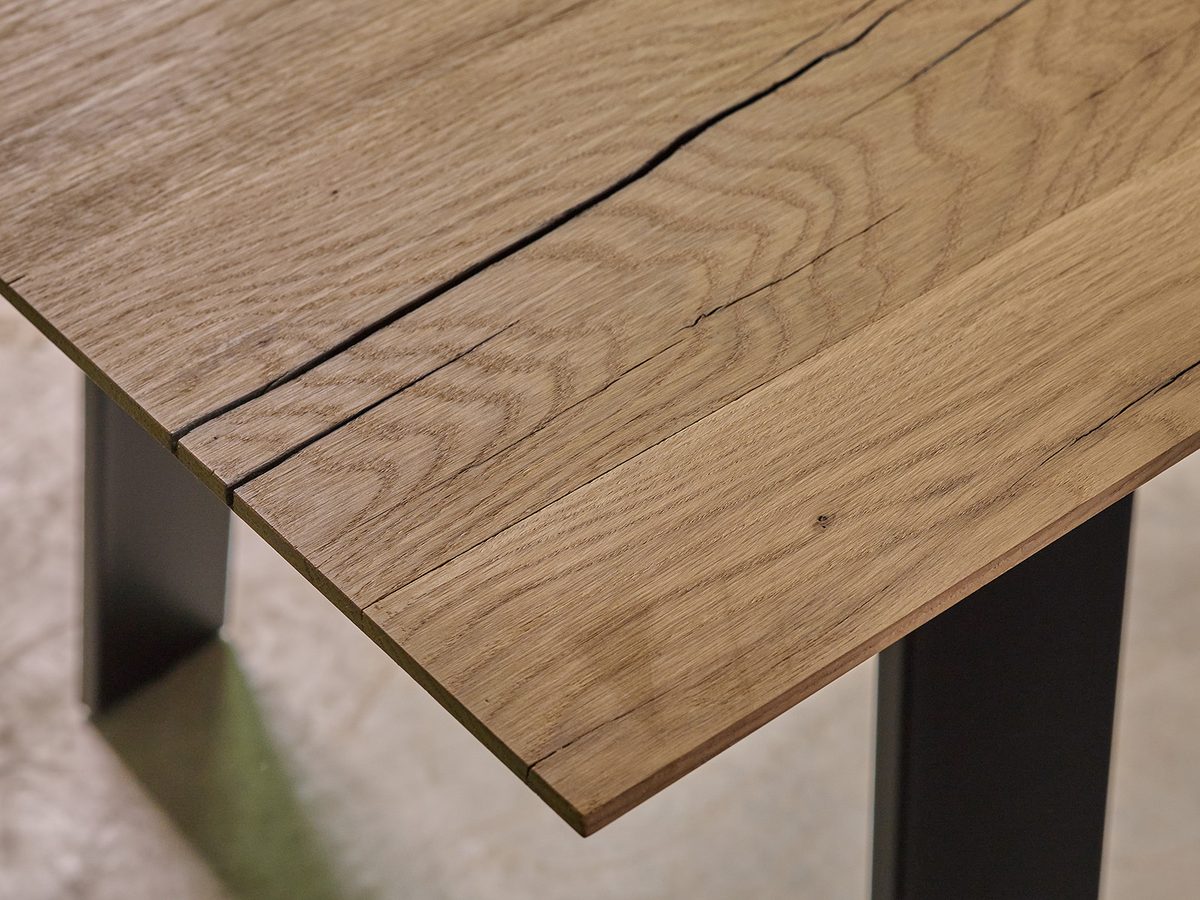 SKIFF reclaimed oak tabletop corner with natural wood edge